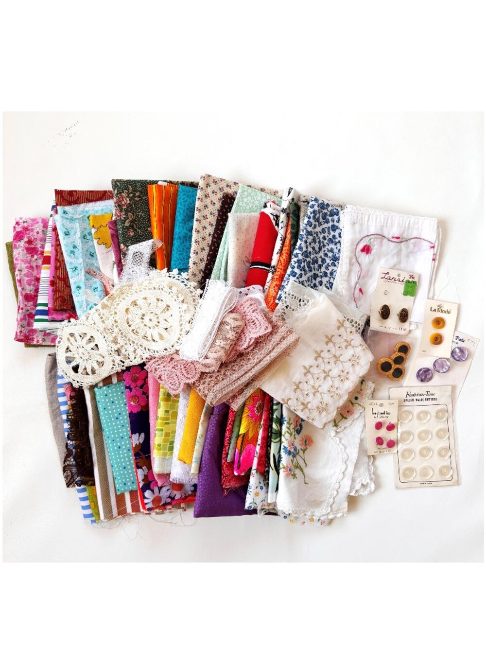 3 1/2 Pounds of Fabric Lace Buttons Junk Journal Supplies Slow Stitching